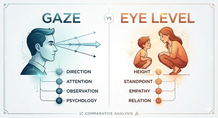 GAZE と EYE LEVEL を、direction と standpoint の違いで比較した英語のインフォグラフィック。