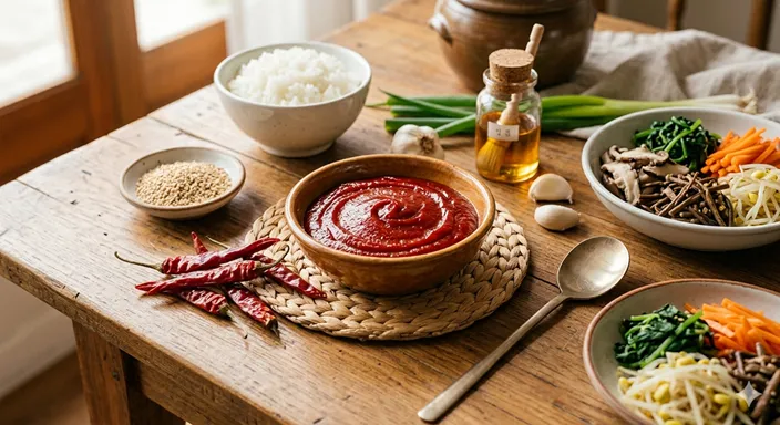 コチュジャンの赤いペーストと米、ごま、唐辛子を並べ、韓国料理の甘辛いコクを表したイメージ。