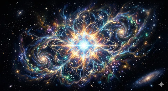 宇宙の中で新しい星が誕生し、周囲に深い知恵のような光を広げていく神秘的なイメージ。