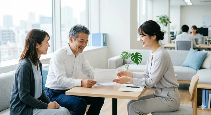 明るいオフィスで、自然な笑顔の人物が資料を見ながら穏やかにやり取りしている、柔らかく読みやすい文章表現を象徴する場面。