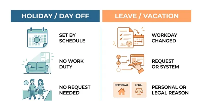 休日（HOLIDAY / DAY OFF）と休暇（LEAVE / VACATION）を、勤務義務・申請・発生条件の軸で比較した英語のインフォグラフィック。