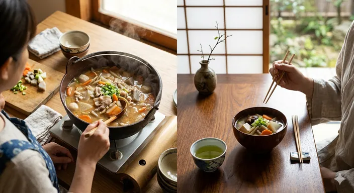 家庭の台所で作られる豚汁と、静かな寺院の食卓を思わせるけんちん汁の背景の違いを表した和風イメージ。