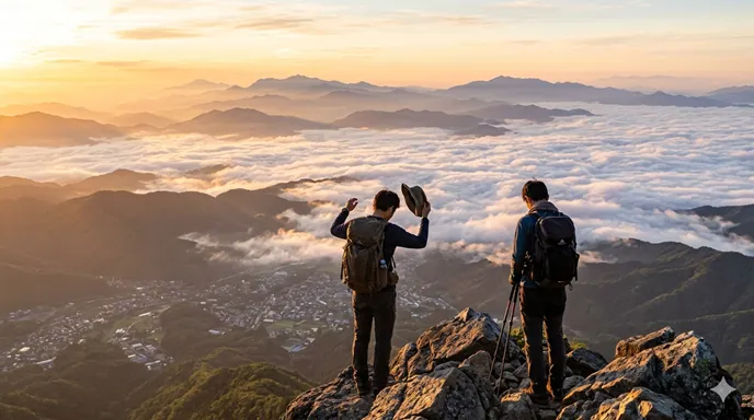 山の頂上に立ちながらも、空の広さを仰ぎ見て、さらに先を見つめる謙虚な登山家。