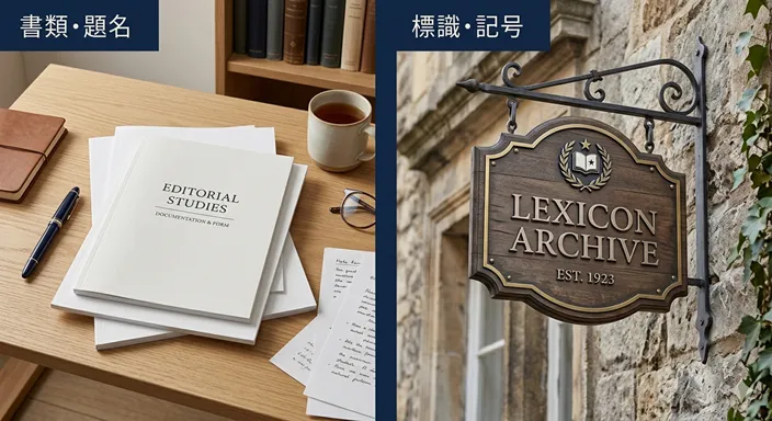 書類の表紙に自然に置かれた題名と、木製の標識のように掲げられた見出しを対比した、静かな知性を感じるイメージ。