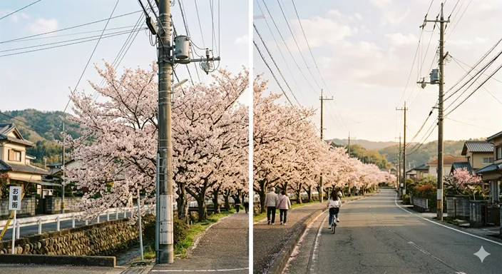 桜並木の続く道沿いに整然と並ぶ電柱と、遠くに見える街並み。生活に溶け込むインフラの風景。
