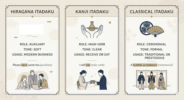 いただく、頂く、戴くの違いを役割、tone、usageの観点から英語で整理した比較インフォグラフィック。