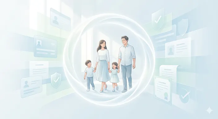 個人が会員制度や契約システムの中に安心して入っていく様子を、カードや円形の枠組みで表現したイメージ。