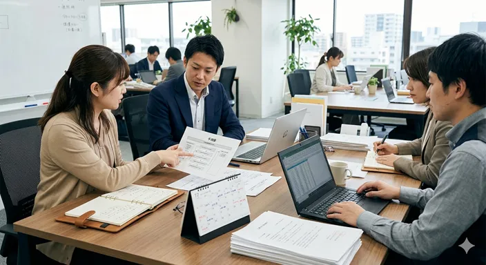 実務の現場で定着した慣行を表すオフィスの打ち合わせ風景