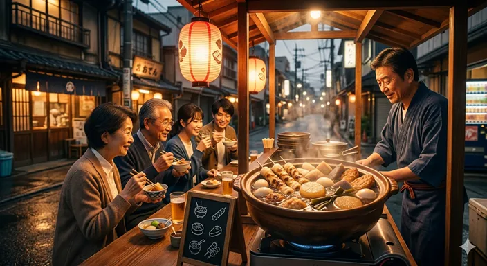 関東風のおでん屋台で、ちくわぶ入りのおでんを楽しむ人々と湯気の立つ鍋を描いた地域文化のイメージ。