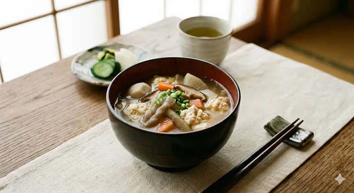豆腐、根菜、こんにゃく、しいたけが入った澄んだ汁のけんちん汁が、素朴で滋味深く盛られている様子。
