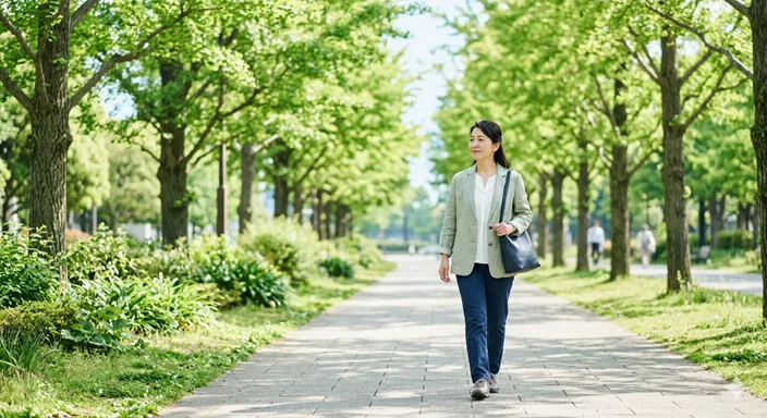 やわらかな朝日を浴びながら、晴れやかな表情で散歩する人物と、健やかな日常を感じさせる爽やかな風景。