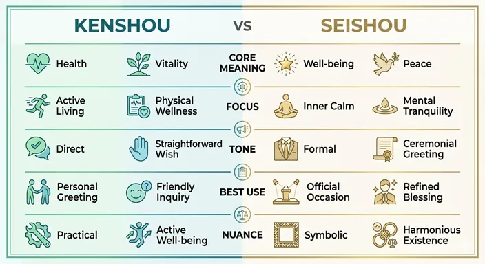 「Kensho」と「Seishou」をMeaning、Focus、Tone、Best Useの観点で比較した英語表記のシンプルなインフォグラフィック。