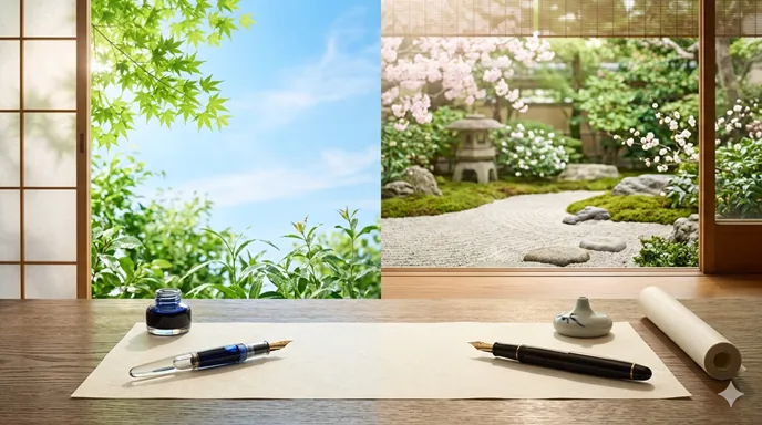和紙の手紙と万年筆を中心に、左側に健康を象徴する明るい光、右側に穏やかな幸福を象徴する上品な春の景色が広がる対比イメージ。