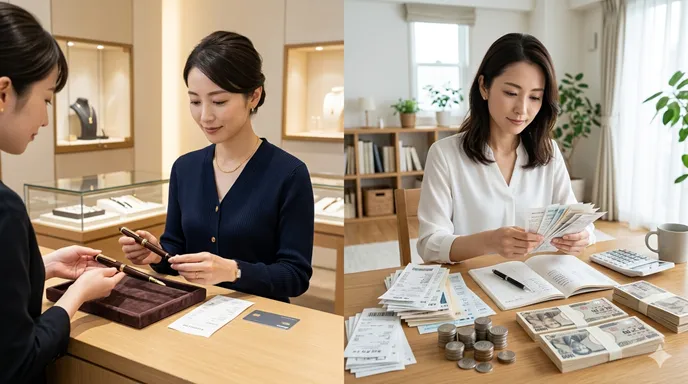 高額と多額の違いをイメージした、単品の高価な買い物と積み上がる出費を対比したビジュアル