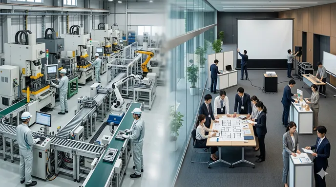 工場の製造現場と事業や催しを連想させる場面が並び言葉の混同を示すイメージ