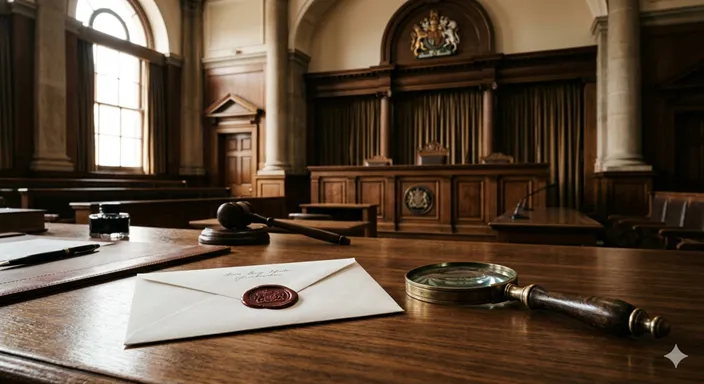 重厚な裁判所の外観を背景に、真実を明らかにするための虫眼鏡と、公式な封書が置かれたデスク。