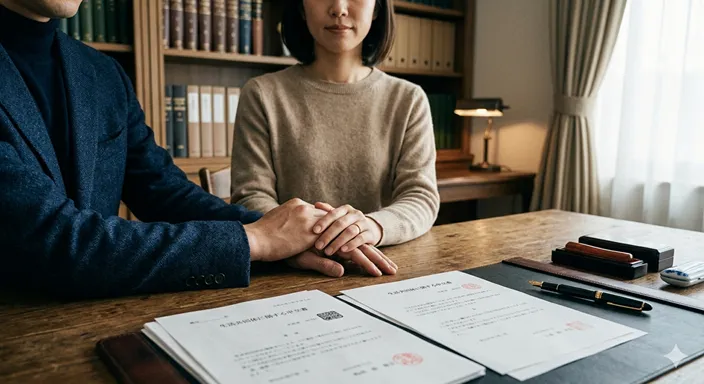 書類や印章のある机の上で、静かに手を重ねる二人の手元と、法的な判断を連想させる整った空間。
