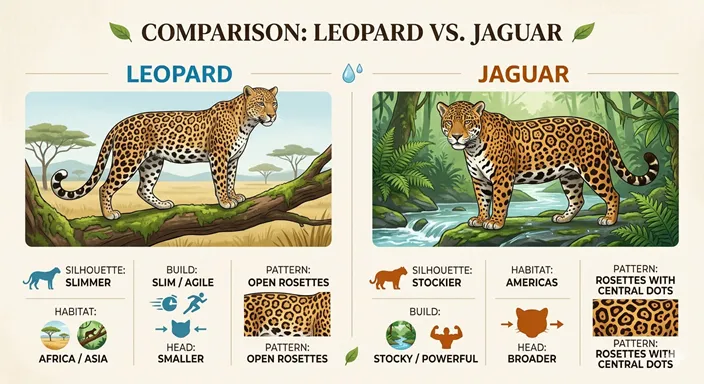 Leopard と Jaguar を、Habitat、Build、Head、Pattern などの項目で比較した英語のインフォグラフィック。