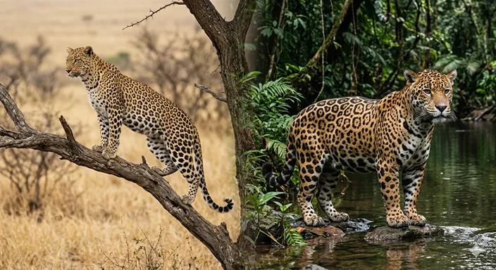 木のある乾いた地形のヒョウと、水辺の密林にいるジャガーが一枚の中で対比され、違いが直感的に伝わるまとめイメージ。