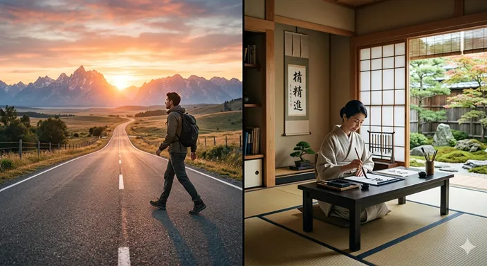 前方へ伸びる道を力強く進む人物の姿と、静かな空間で自分を磨くように集中する人物の姿を対比したイメージ。