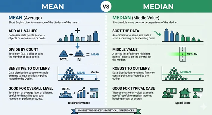 MeanとMedianを、計算方法、外れ値への強さ、向いている場面の軸で比較した英語表記のインフォグラフィック。