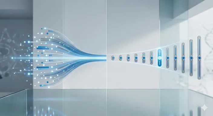 外れ値を含むデータの広がりと、全体の平均を示す流れ、並べたデータの中央を示す焦点が対比的に表現されたイメージ。