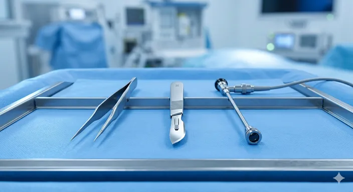 医療用のトレイの上に整然と並べられた、光り輝くステンレス製の精密な手術器具。