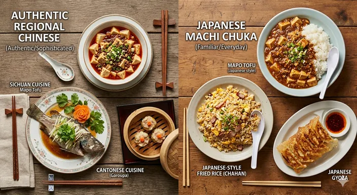本格的な地域料理の皿と、日本で親しまれる中華料理の皿が並んだ比較イメージ。