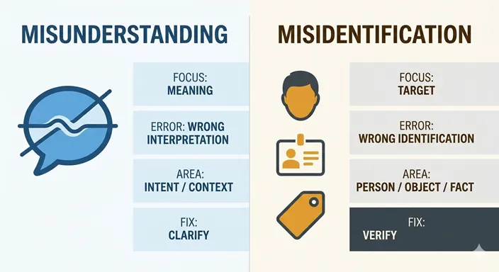 misunderstanding と misidentification を、meaning と target の違いで整理した英語の比較インフォグラフィック。