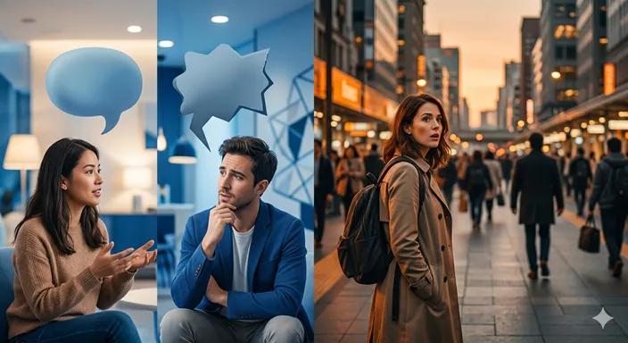 会話の吹き出しを別の形で受け取る人物と、遠くの人物を別人だと思って見間違える人物を左右対比で表したイメージ。