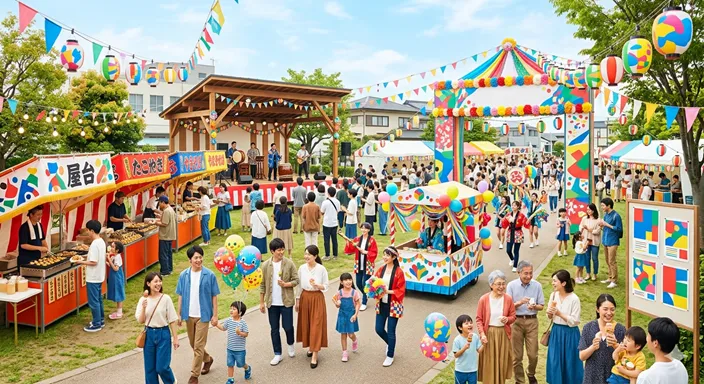 イベント看板やチラシ、屋台、ステージが並ぶ中で、カーニバルとフェスティバルのイメージが混ざり合っている地域イベントの風景。