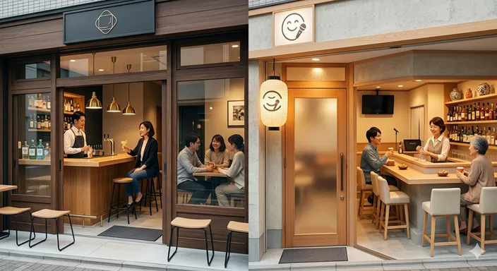 現代的で入りやすいバーと、明るく洗練されたスナックの雰囲気が並んで描かれた対比イメージ。