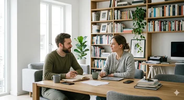 姓の違う二人が自然体で同じ家に暮らし、互いを尊重しながら生活している現代的なパートナー像。