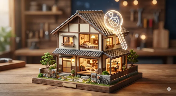 幸せそうな家族が住む一戸建て住宅の模型の上に、そっと置かれた公式な印象を与える鍵のイメージ。