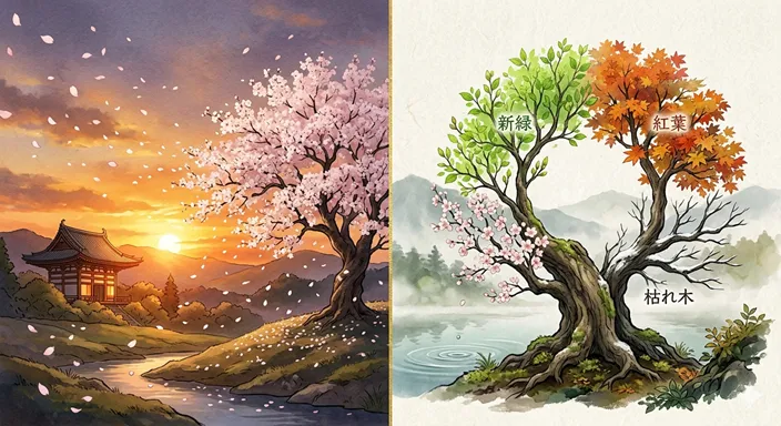 夕暮れ時に散りゆく美しい花（盛者必衰）と、季節が巡り芽吹きと落葉を繰り返す大樹（栄枯盛衰）の対比。