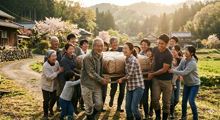 地域の人々が手を取り合い、大きな網を引き上げたり、重い荷物を一緒に運んだりして助け合っている温かな光景。
