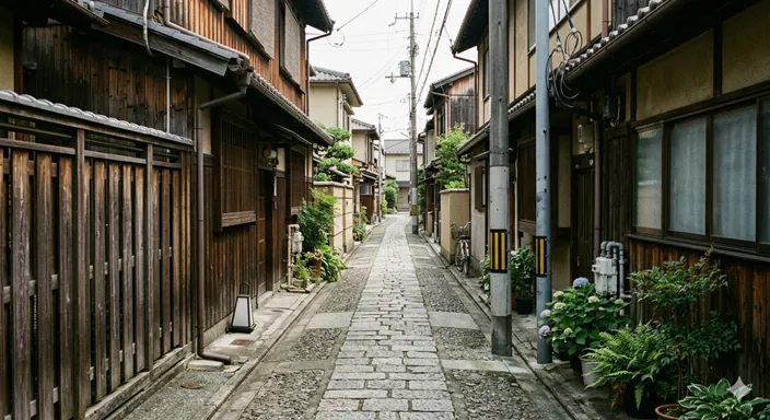 住宅や低い塀のあいだをまっすぐに伸びる、人が通れる細い路地の風景。