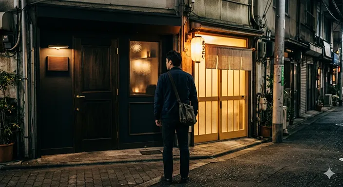 夜の街角で、静かなバーの入口と親しみやすいスナックの入口の前で迷いながら選ぼうとしている人物の後ろ姿。