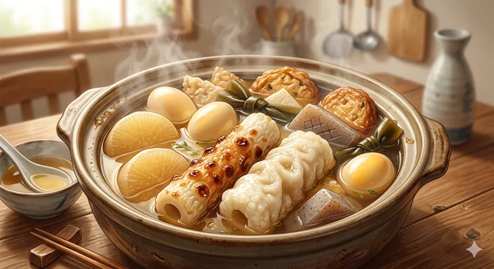 おでん鍋の中で、魚のうま味を持つちくわと、だしを吸ったもちもちのちくわぶが並んでいる様子。