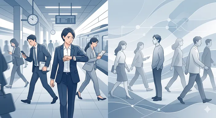 時計に追われる人物と、前方へ進む人々の流れから一歩後ろに取り残された人物を対比したイメージ。