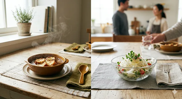 サラダ用の新玉ねぎと煮込み料理用の玉ねぎが、それぞれの役割を持って食卓に並んでいる様子。
