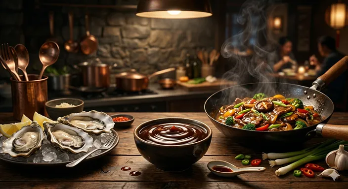 牡蠣と濃厚なオイスターソース、小皿、中華料理の炒め物が並ぶコクのあるイメージ。