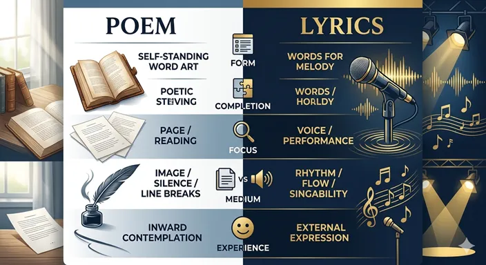 POEMとLYRICSを、独立性や完成する場、重視する要素などの観点で比較した英語表記のインフォグラフィック。