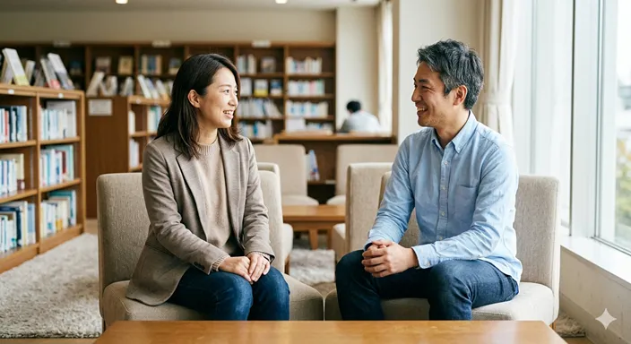 会話の中で相手の視線を受け止めつつ、同じ高さで穏やかに向き合う二人の姿。