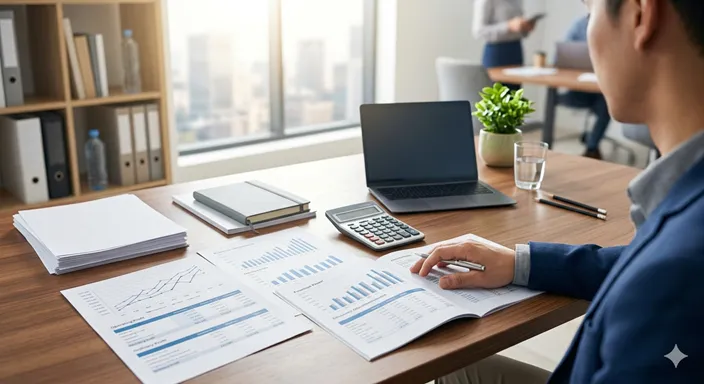 企業の利益構造を理解し、複数の資料を整理しながら全体像をつかんでいる落ち着いたビジネスシーン。
