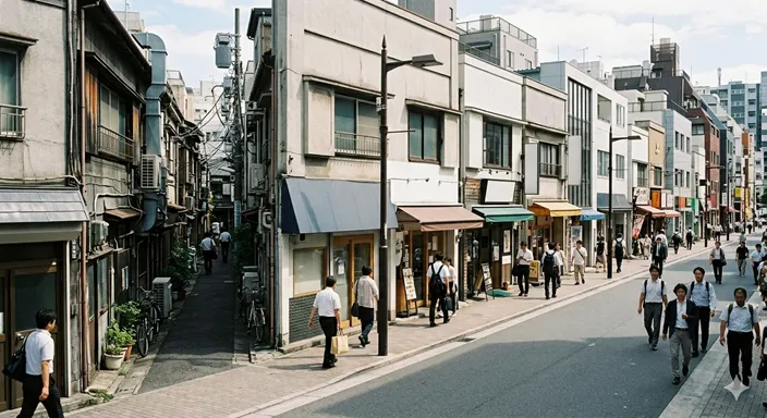 にぎやかな表通りのすぐ裏手にある、静かで細い裏路地を対比的に捉えた街の風景。
