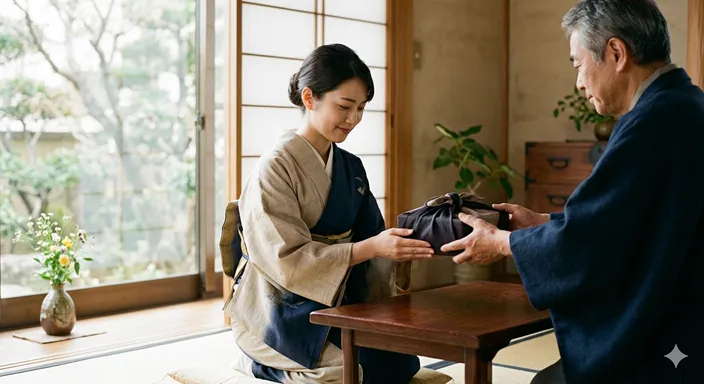 丁寧に包装された贈り物や書類を両手で受け取る所作を通じて、具体的な授受を表した上品な場面。