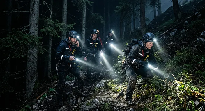 夜の山中で懐中電灯を使い、複数人が協力して行方不明者を探している緊迫感のある場面。