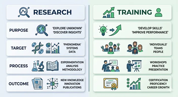 RESEARCH と TRAINING を、目的・対象・成果の観点で比較した英語表記のシンプルなインフォグラフィック。