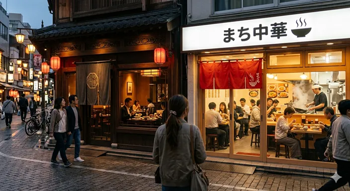 落ち着いた本格店の入口と、親しみやすい町中華の入口を見比べるような街角の風景。